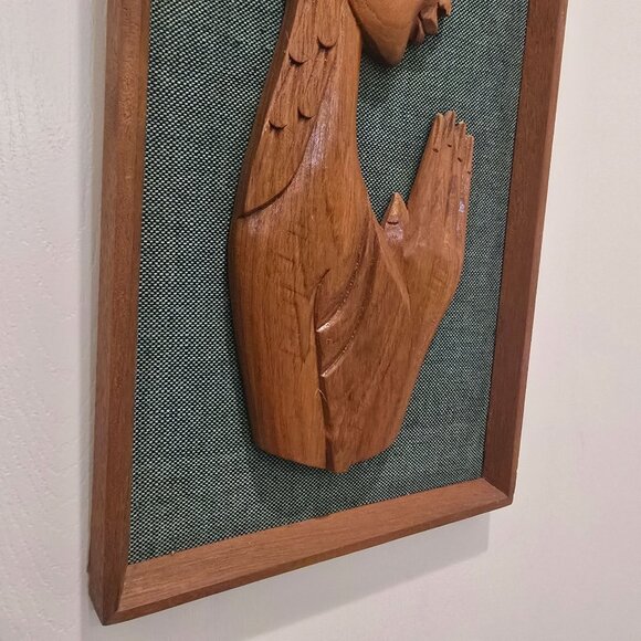 MCM Framed Carved Teak Wood Silhouette Woman Praying Green Wall Hanging Art READ - Picture 4 of 14